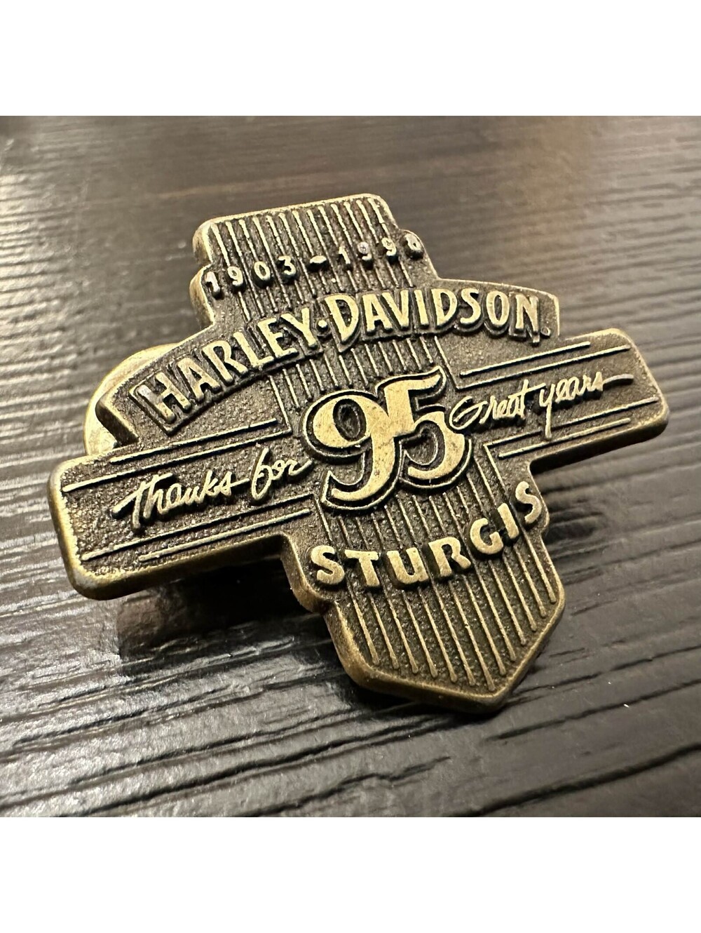Harley Davidson 95th Anniversary Sturgis Pin 1903–1998 Vintage Brass Tone